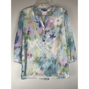 Alfred Dunner Women's Pastel 1/4 Button 3/4 Sleeve Light Textured Shirt Size 10